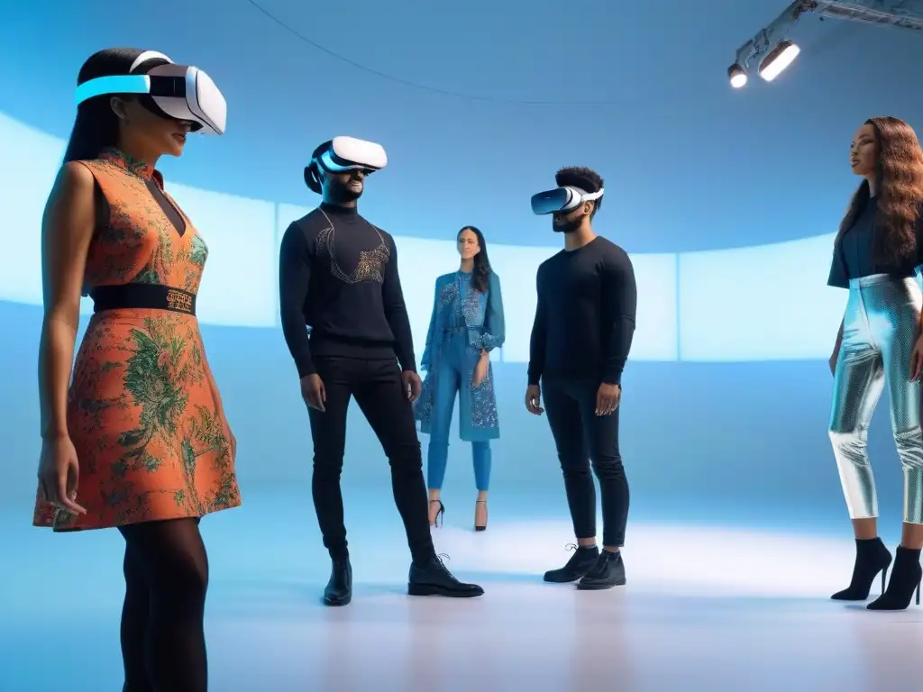 Estudiantes de moda en realidad virtual: diversidad y creatividad Estudiantes de diseño de moda en realidad virtual, interactuando en un estudio fashion inclusivo y futurista
