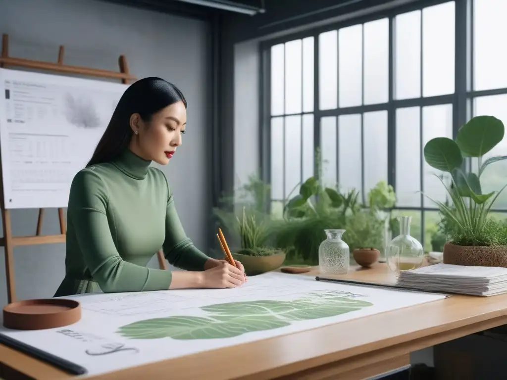 Estudio de diseño eco-friendly: moda sostenible y creatividad Estudio de diseñadora de moda con materiales sostenibles y mensajes eco, joven diseñadora asiática bosquejando, ventana a jardín verde