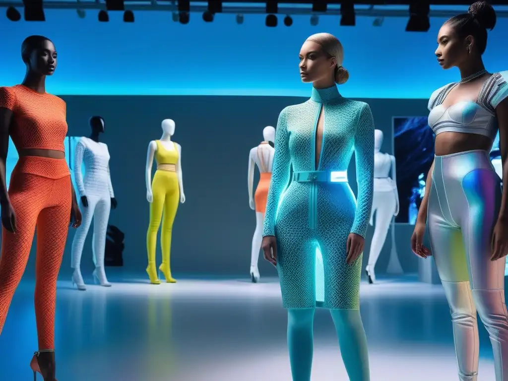 Estudio de diseño futurista: moda y tecnología innovadora Estudio de diseño futurista con diseñadores de moda colaborando en maniquíes, tecnología vanguardista y moda adaptativa tendencias futuras