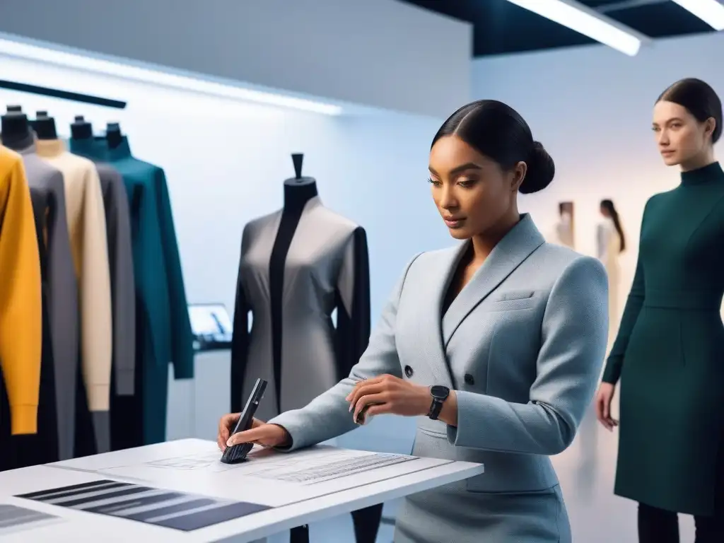 Diseñadores de moda crean ropa adaptativa en estudio futurista Un estudio de diseño futurista con estudiantes de moda creando prendas adaptativas, reflejando la educación en moda adaptativa inclusiva