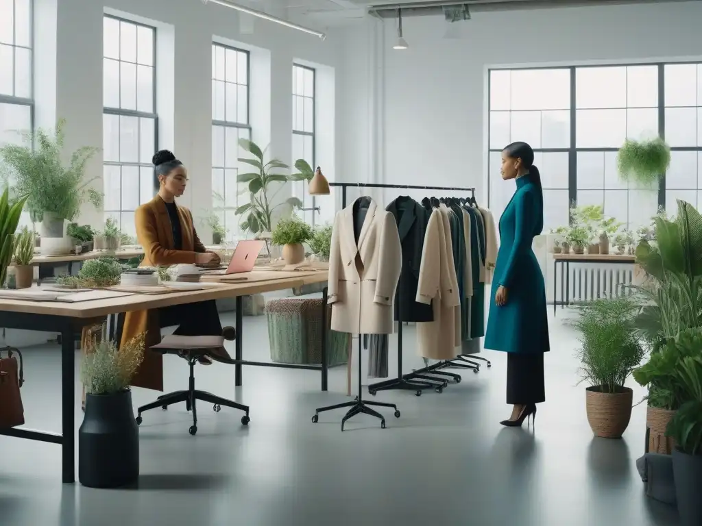 Diseñadores de moda eco-innovadores crean juntos en estudio inclusivo Un estudio de diseño luminoso y ecoamigable donde diseñadores de moda crean piezas únicas y sostenibles