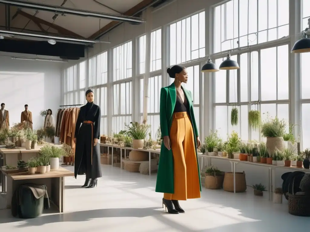 Diseñadores de moda sostenible colaborando en estudio inclusivo Un estudio de diseño moderno, lleno de materiales sostenibles y plantas, donde diseñadores de moda colaboran en un ambiente creativo e inclusivo