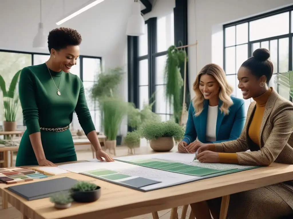 Estudio de moda sostenible: diseñadores eco sonrientes Un estudio de diseño moderno y luminoso con diseñadores de moda ecoconsciente sonriendo, rodeados de plantas verdes y muestras de tela reciclada