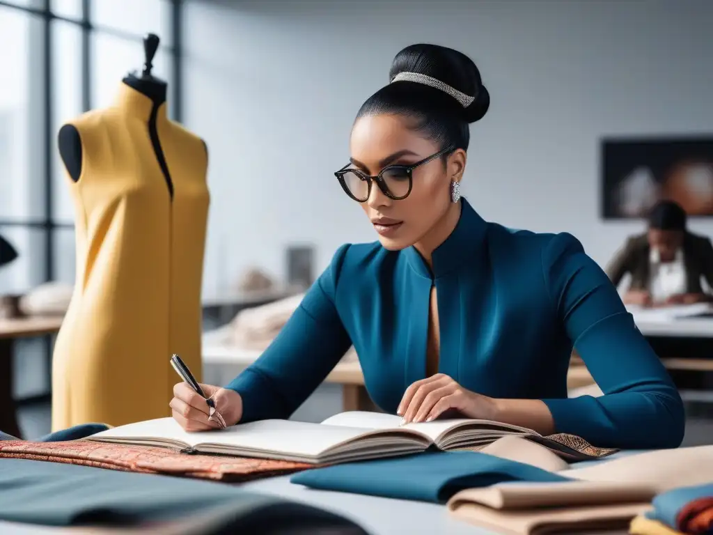 Diseñadores de moda colaborando en colección sostenible y diversa Un estudio de diseño moderno y vibrante donde diseñadores de moda colaboran en una colección ecológica