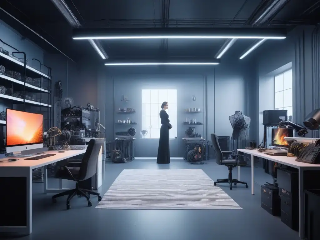 Estudio de moda futurista: Creación vanguardista con impresoras 3D Un estudio futurista de un diseñador de moda con impresión 3D creando prendas vanguardistas en una atmósfera de creatividad