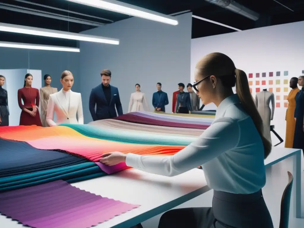 Diseñadores de moda innovan juntos en estudio futurista Un estudio futurista donde diseñadores de moda colaboran en tejidos innovadores, representando la moda inclusiva