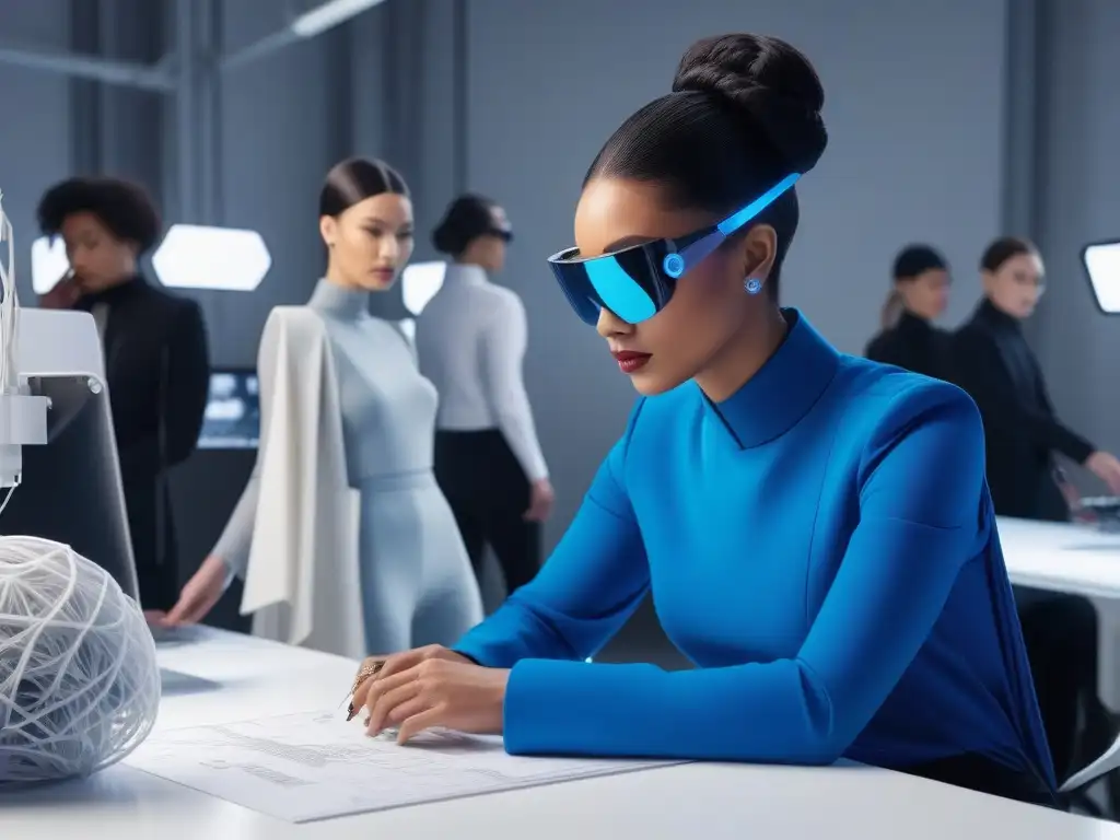 Diseñadores de moda innovadores crean en estudio tecnológico Un estudio futurista con diseñadores de moda diversos, creando conceptos inclusivos con tecnología