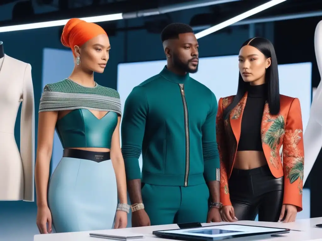 Diseñadores de moda innovadores en estudio futurista Un estudio futurista de moda con diseñadores diversos creando con pasión