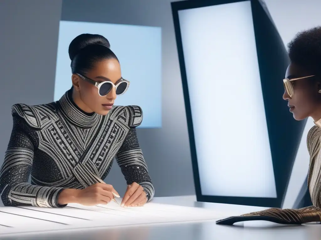 Diseñadores de moda innovadores en estudio futurista Un estudio futurista de moda inclusiva con diseñadores de diversas etnias y habilidades, creando con tecnología humana