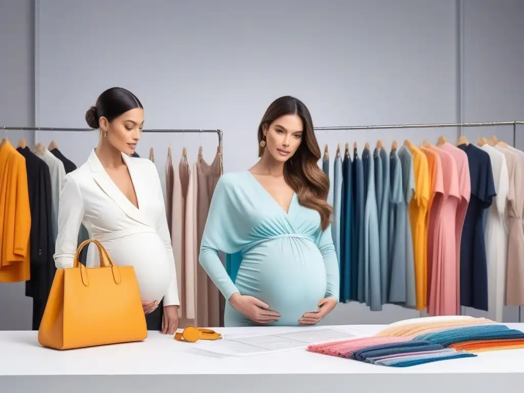 Diseñadores de moda de maternidad innovando en estudio elegante Un estudio iluminado con diseñadores de moda maternal colaborando en una mesa de reuniones elegante