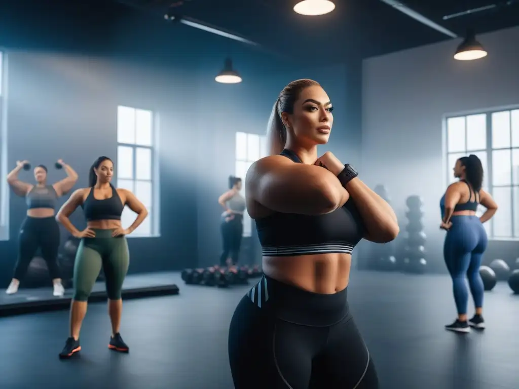 Empoderamiento y diversidad: Entrenamiento plussize en estudio inclusivo Un estudio de fitness inclusivo con personas plus size disfrutando de un entrenamiento energético y variado