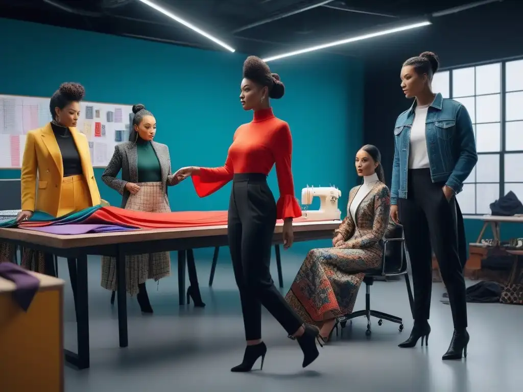 Diseñadores de moda diversos crean en estudio inclusivo Un estudio inclusivo y vibrante con diseñadores de moda pioneros de diversas etnias y habilidades, colaborando creativamente