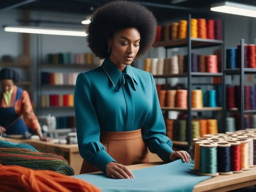Equipo creativo de diseñadores de moda sostenible en acción Un estudio lleno de color y creatividad con diseñadores de moda sostenible trabajando juntos en un ambiente inclusivo y vibrante