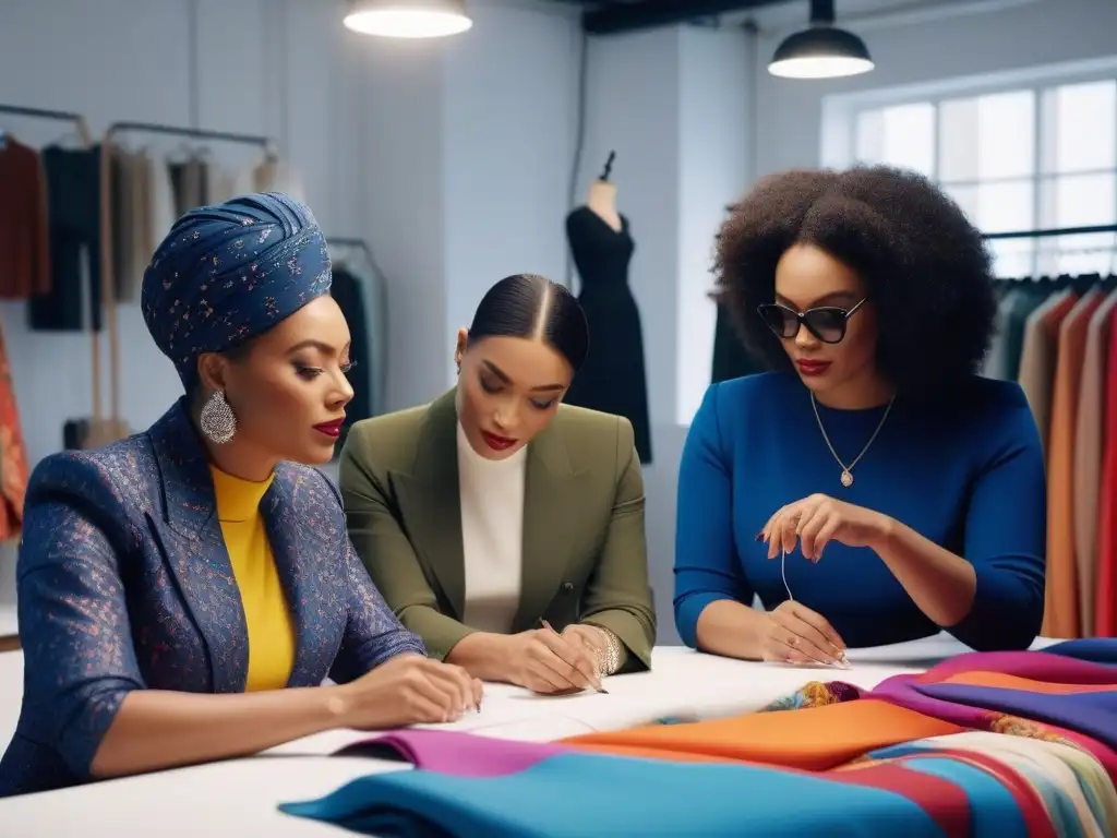 Diseñadores de moda inclusiva crean juntos en estudio vibrante Un estudio lleno de diseñadores de moda colaborando, con un ambiente creativo y diverso