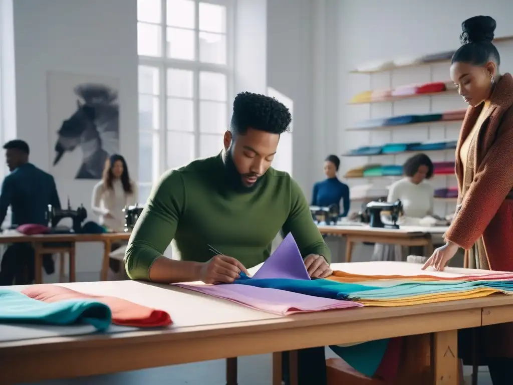 Diseñadores de moda colaborando en un estudio diverso y sostenible Un estudio lleno de luz solar con diseñadores de moda diversos y apasionados, trabajando en piezas innovadoras y sostenibles