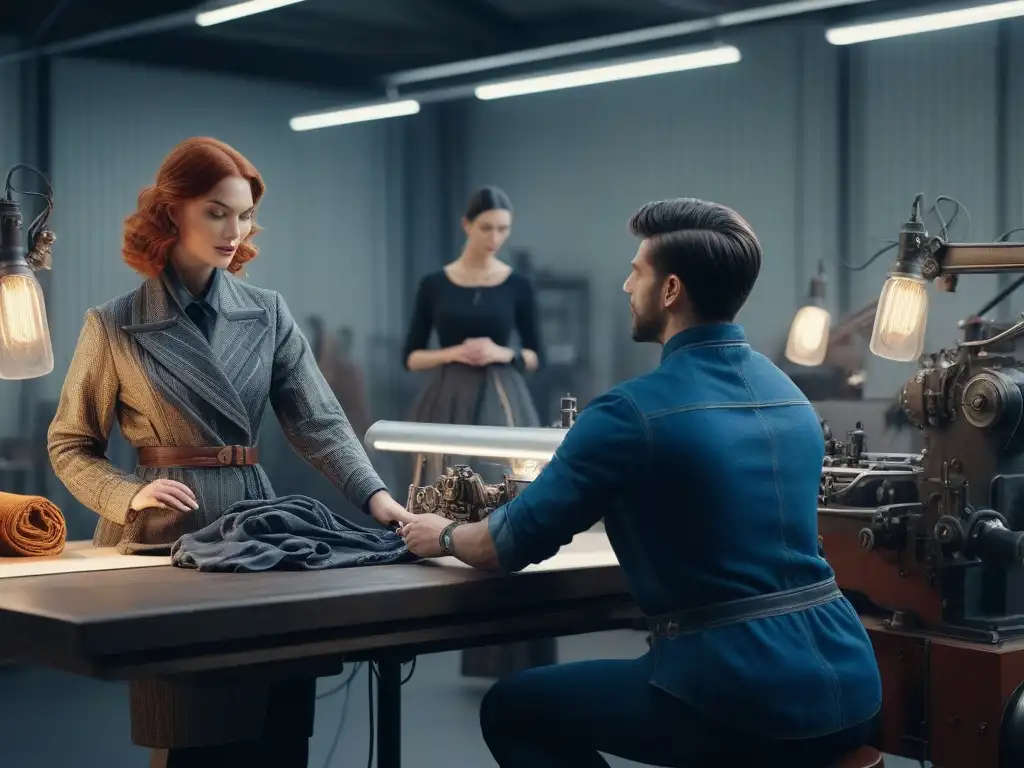 Diseñadores de moda creando juntos en estudio sostenible y tecnológico Un estudio de fabricación local de moda inclusiva y sostenible, donde diseñadores crean con pasión rodeados de tecnología y materiales ecoamigables
