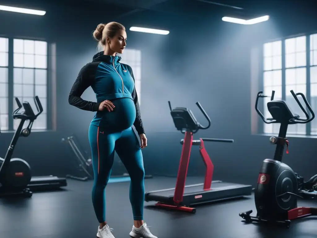Estudio de fitness de lujo para embarazadas: entrenamiento especializado en un ambiente sereno y elegante Estudio de fitness de lujo diseñado para embarazadas con equipamiento especializado y ambiente sereno