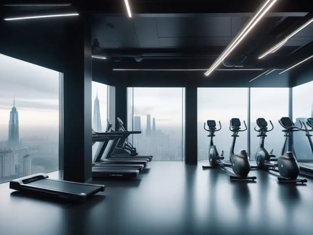 Estudio de fitness de lujo en la ciudad al atardecer Un estudio de fitness de lujo con equipamiento reluciente y entrenadores motivados, enmarcado por una ciudad al atardecer