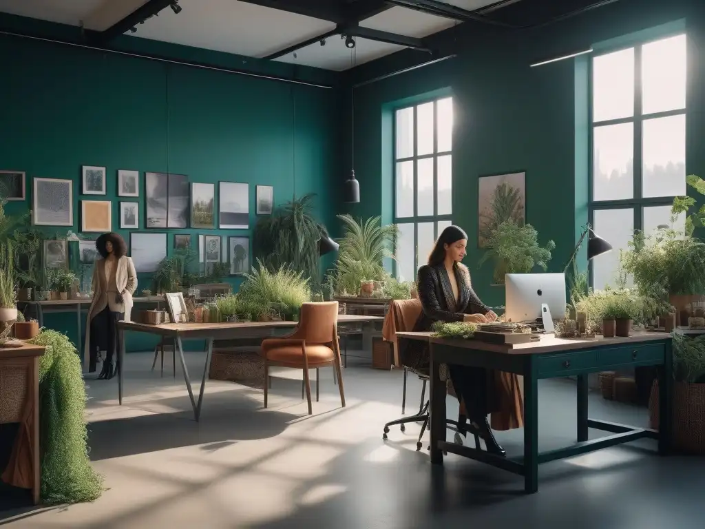 Diseñadores de moda sostenible creando juntos en estudio luminoso Un estudio luminoso y aireado lleno de diseñadores de moda diversos trabajando apasionadamente en creaciones sostenibles