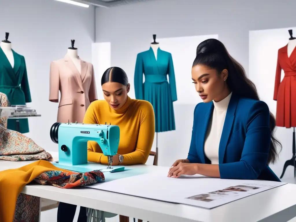 Diseñadores de moda colaborando en estudio luminoso Un estudio luminoso y amplio donde diseñadores de moda diversos colaboran con pasión y transparencia en moda inclusiva