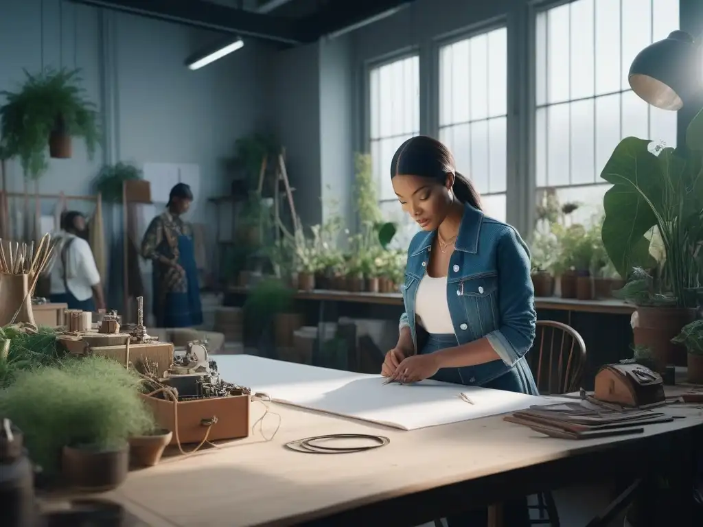 Diseñadores de moda creando juntos en un estudio sostenible y vibrante Un estudio luminoso y amplio lleno de diseñadores de moda y artesanos diversos, trabajando juntos rodeados de materiales sostenibles