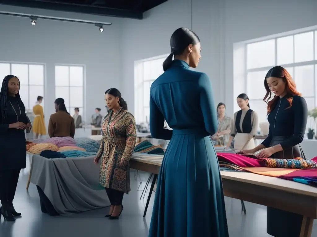 Un estudio luminoso y colorido donde estudiantes de diseño de moda colaboran creativamente en bocetos y telas, reflejando diversidad e inclusión