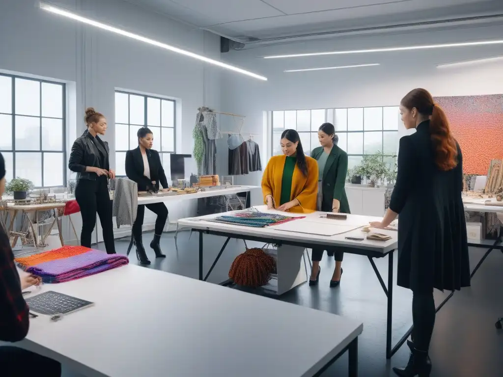 Estudio creativo de diseño de moda inclusivo y diverso Un estudio luminoso y creativo de estudiantes de moda adaptativa trabajando juntos con herramientas de vanguardia y telas coloridas
