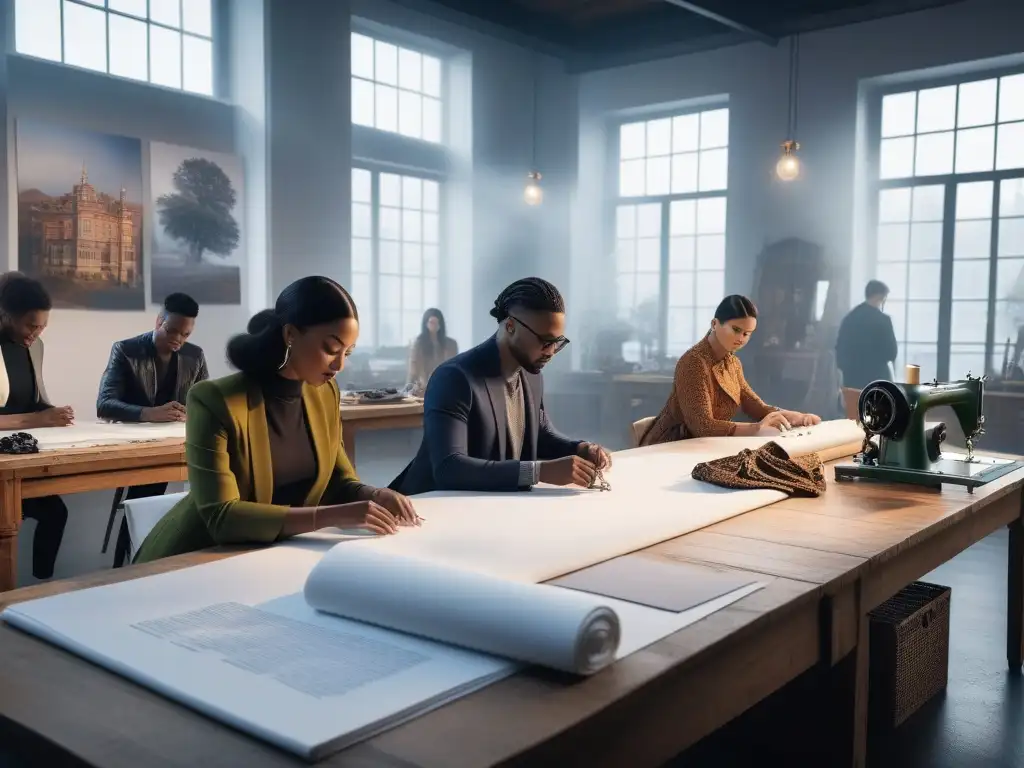 Diseñadores de moda creando con pasión en estudio luminoso Un estudio luminoso donde diseñadores de moda diverso crean piezas auténticas e inclusivas, superando desafíos económicos