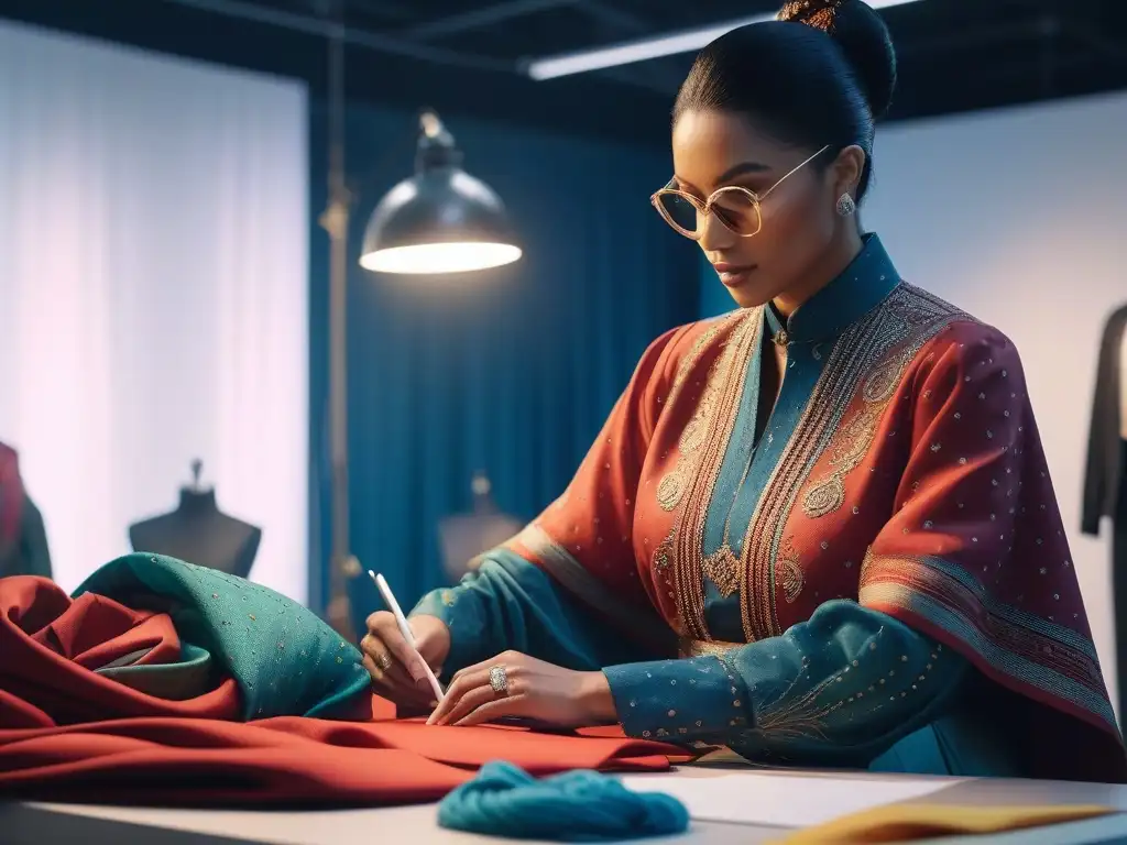 Diseñadores de moda crean colección inclusiva en estudio vibrante Un estudio luminoso donde diseñadores de moda diversos colaboran en colecciones inclusivas