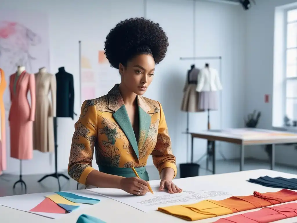 Diseñadores de moda creando prendas sostenibles en estudio inclusivo Un estudio luminoso donde diseñadores de moda crean prendas sostenibles, representando la moda inclusiva
