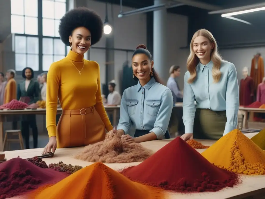 Diseñadores de moda ética y sostenible en estudio colorido Un estudio luminoso con diseñadores de moda sonrientes y diversidad étnica, vistiendo prendas sostenibles con tintes naturales