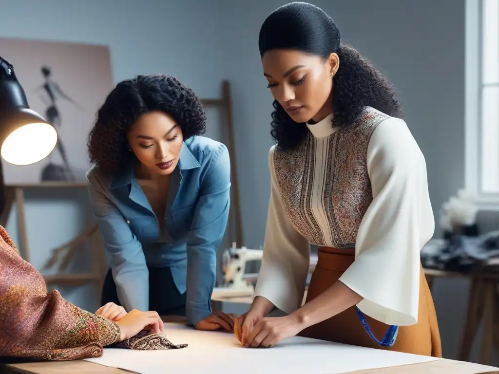 Diseñadores de moda colaborativos en estudio sostenible Un estudio luminoso donde diseñadores de moda inclusiva y sostenible trabajan juntos con pasión y creatividad