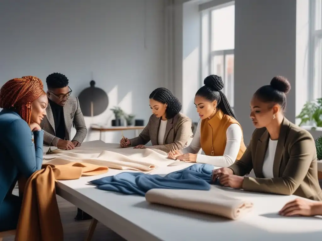 Equipo creativo de diseñadores de moda diverso en estudio sostenible Un estudio luminoso con diseñadores de moda diversos, trabajando juntos en diseños innovadores y sostenibles