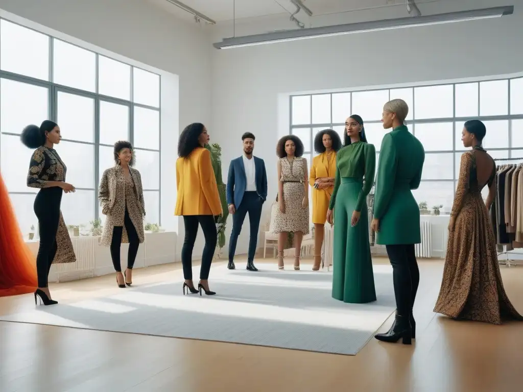 Equipo creativo diseñando moda sostenible e inclusiva en estudio inspirador Un estudio luminoso y espacioso donde diseñadores de moda diversificados colaboran apasionadamente en diseños sostenibles e inclusivos