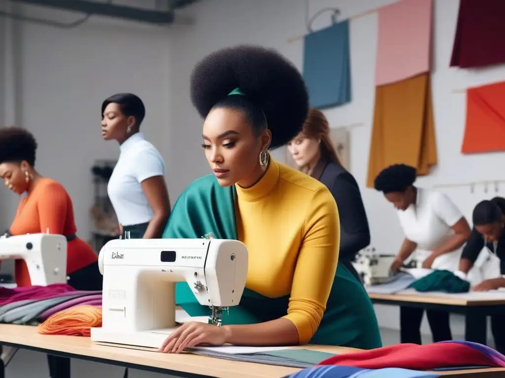 Diseño de moda inclusivo: estudiantes crean juntos en estudio luminoso Un estudio luminoso donde estudiantes de moda crean diseños inclusivos para tallas especiales