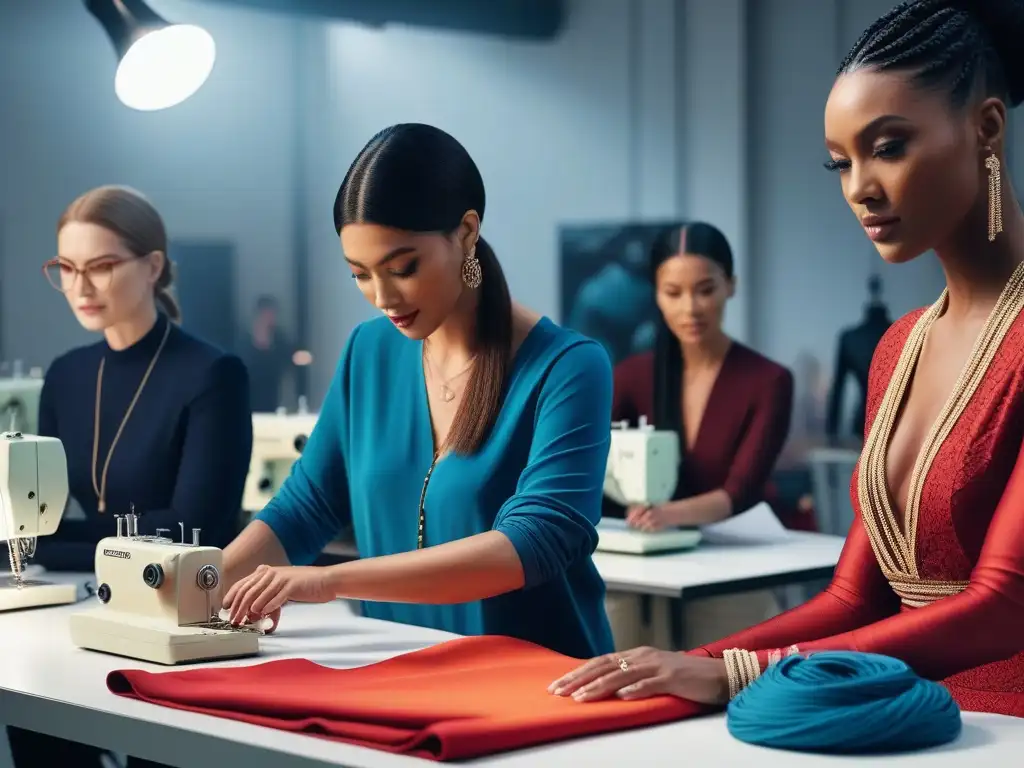 Diseñadores de moda crean juntos en estudio inclusivo Un estudio luminoso lleno de diseñadores de moda inclusiva trabajando juntos en prendas únicas y diversas