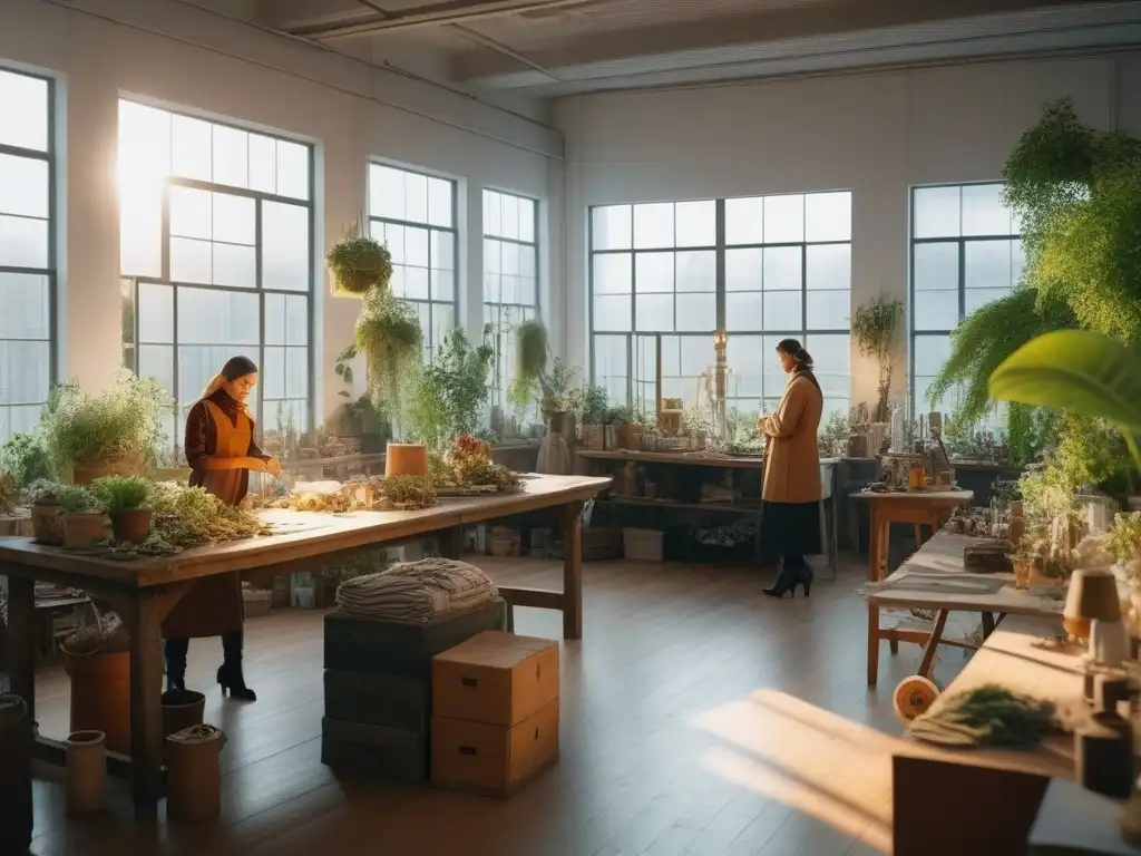 Moda sostenible: diseñadores creativos en estudio ecológico Un estudio luminoso lleno de diseñadores de moda apasionados creando prendas sostenibles