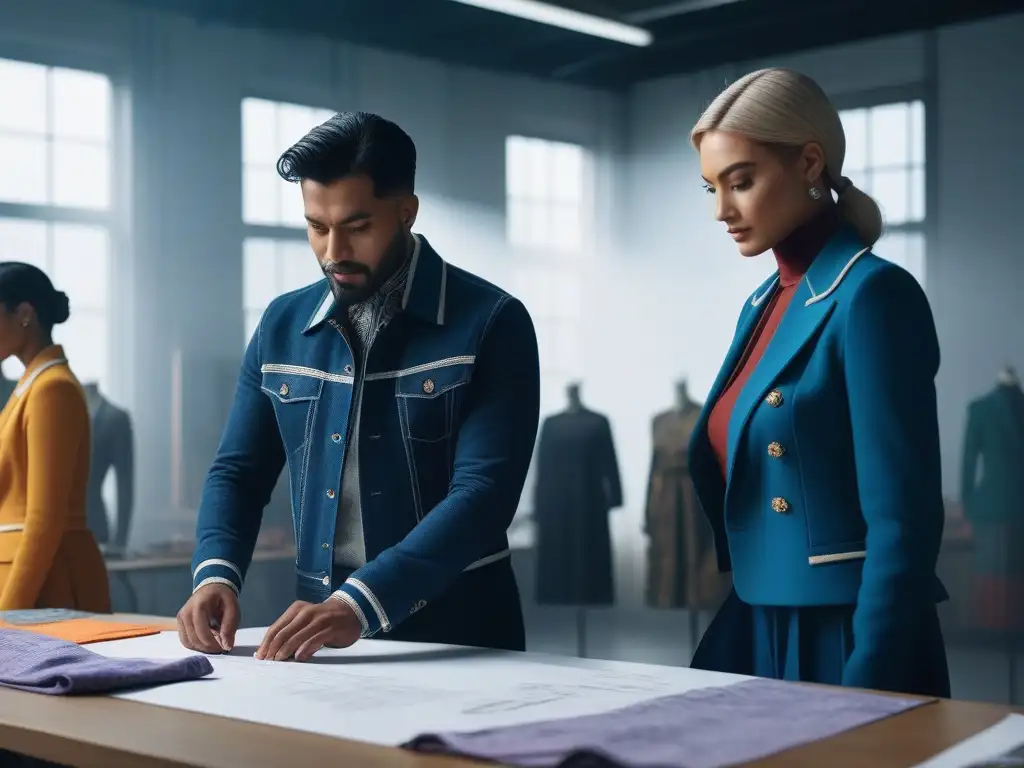 Diseñadores de moda diversos innovan en estudio inclusivo Un estudio luminoso lleno de diseñadores de moda diversos trabajando juntos, mostrando moda adaptativa inclusiva y diversa
