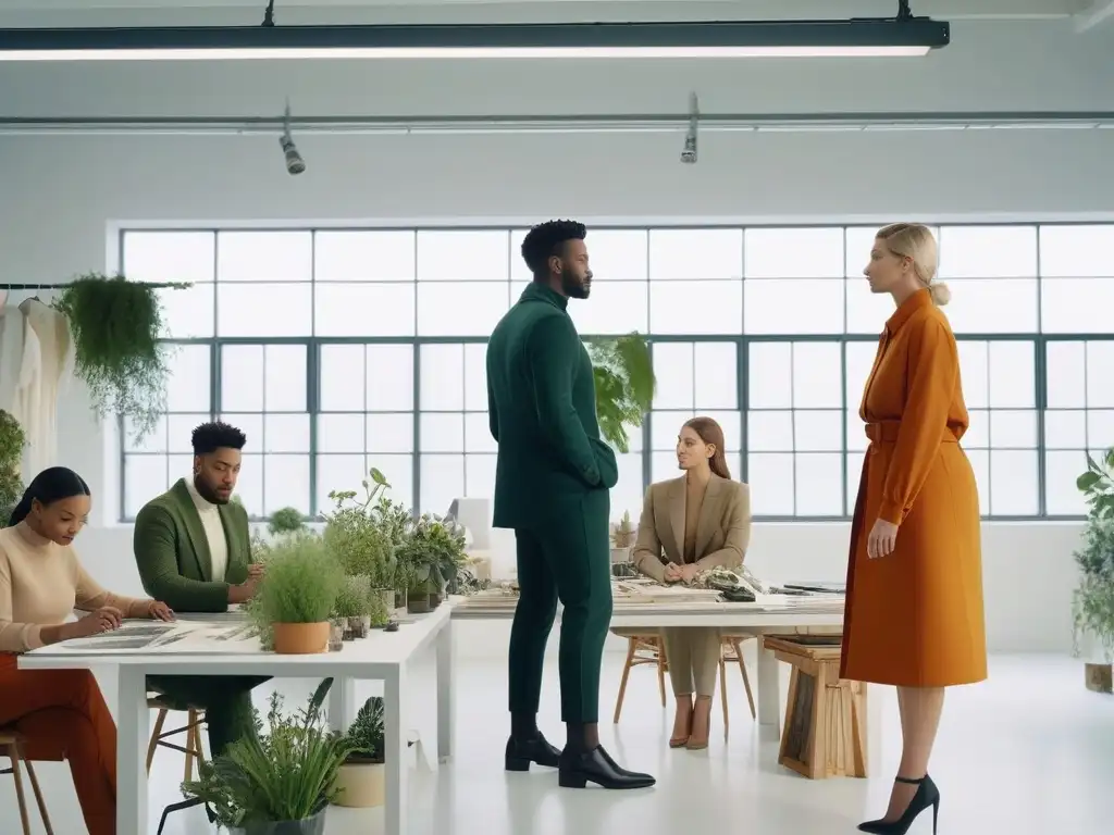 Diseñadores de moda innovadores y diversos en estudio sostenible Un estudio luminoso lleno de diseñadores de moda diverso, vistiendo prendas inclusivas y sostenibles, colaborando en ideas innovadoras