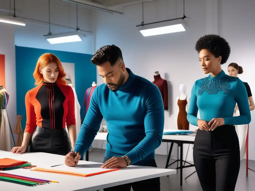 Diseñadores de moda creando prendas adaptables en estudio inclusivo Un estudio luminoso lleno de diseñadores de moda trabajando en diseños de moda adaptativa para todos, reflejando diversidad y pasión
