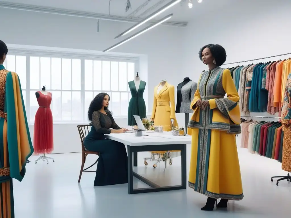 Diseñadores de moda creando juntos en estudio luminoso Un estudio luminoso lleno de diseñadores de moda colaborando en diseños inclusivos atemporales