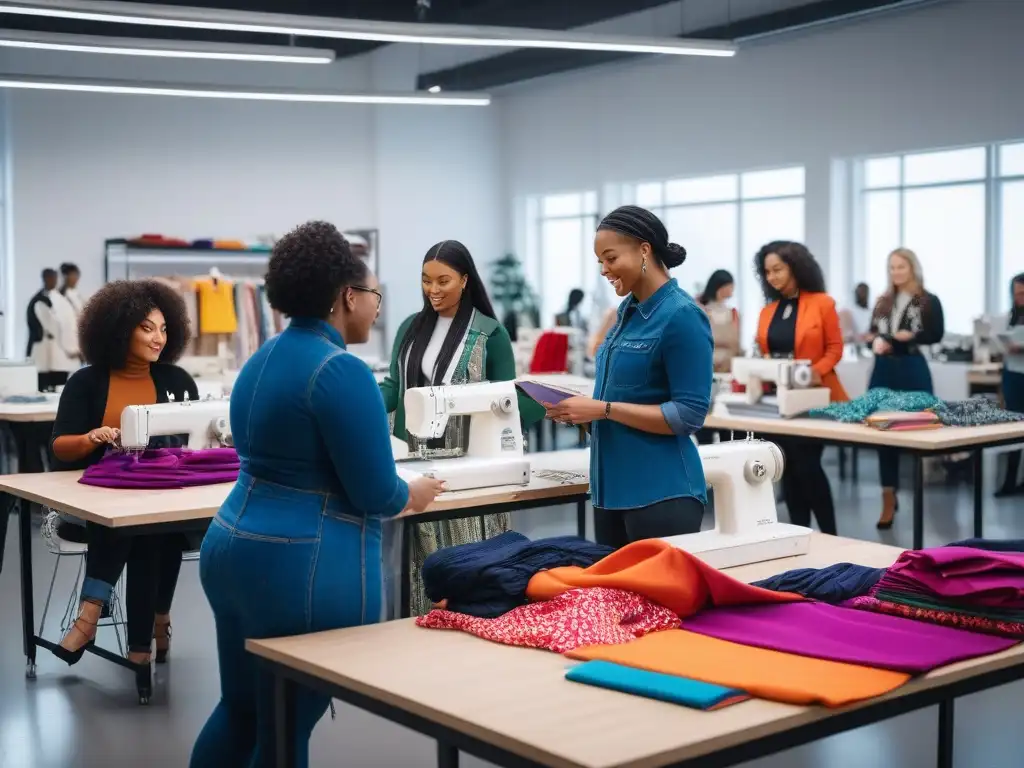 Estudio de moda diverso: inspiración y creatividad en acción Un estudio luminoso lleno de telas y máquinas de coser donde estudiantes de moda diversos colaboran, mostrando la educación en moda para diversidad