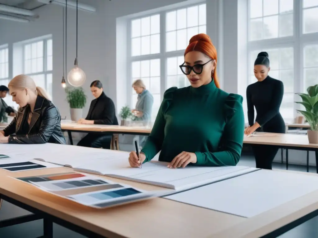 Diseñadores de moda innovadores colaborando en estudio creativo Un estudio luminoso y moderno donde diseñadores de moda colaboran en diseños inclusivos de ropa adaptativa