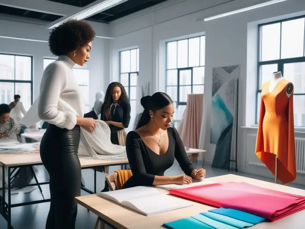 Estudio de moda inclusivo y creativo con tecnología de vanguardia Un estudio luminoso y moderno donde diseñadores inclusivos en la moda crean juntos con pasión