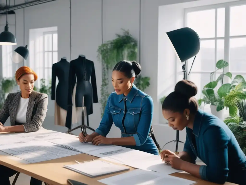 Equipo de diseñadores de moda inclusivos en estudio creativo Un estudio luminoso y moderno donde diseñadores de moda inclusivos colaboran en un ambiente creativo y diverso