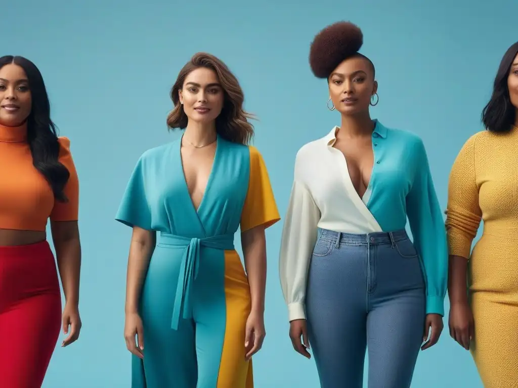 Diversidad y alegría: moda sostenible para todos los cuerpos en 8k Un estudio luminoso muestra personas de diferentes cuerpos y tallas, felices y seguras, vistiendo moda sostenible para todos cuerpos