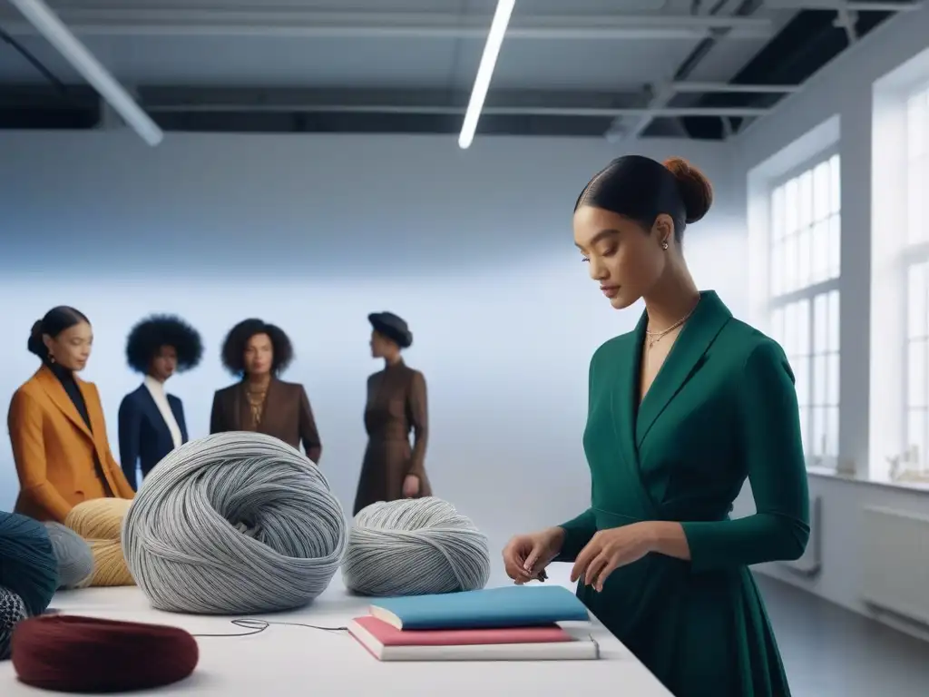 Diseñadores de moda sostenible en estudio creativo Un estudio luminoso rebosante de creatividad y colaboración, donde diseñadores de moda trabajan apasionadamente en sus creaciones sostenibles