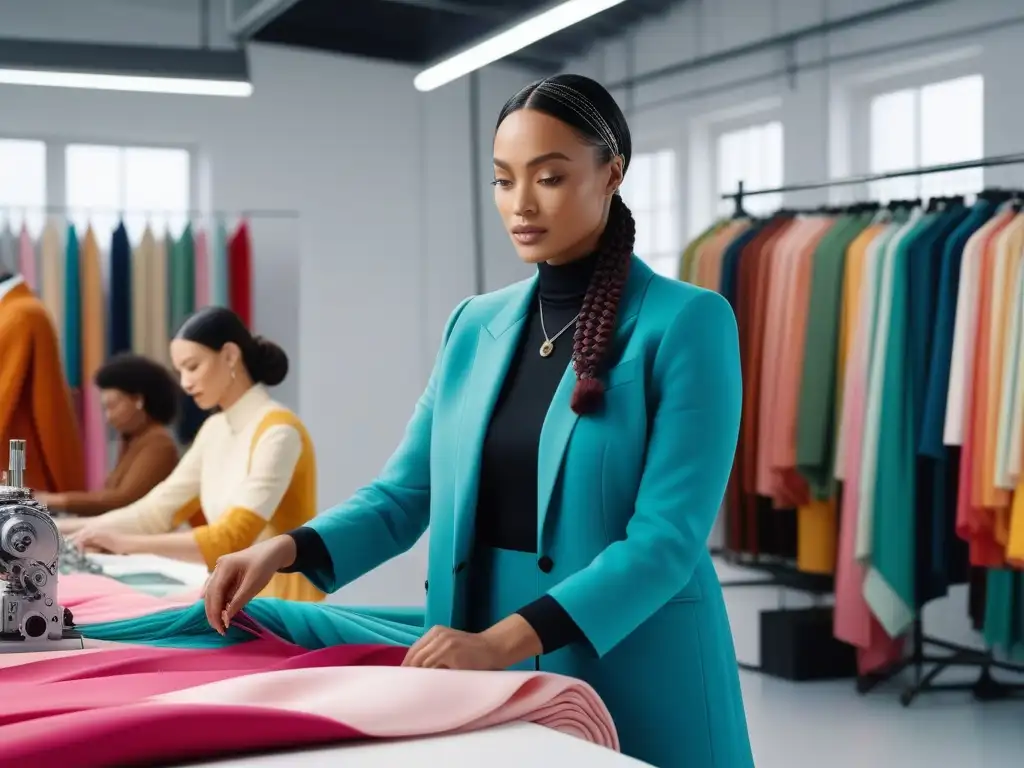 Equipo creativo de moda sostenible en estudio vibrante Un estudio luminoso rebosante de creatividad, con diseñadores y artesanos trabajando en equipo en moda sostenible certificaciones consumo consciente