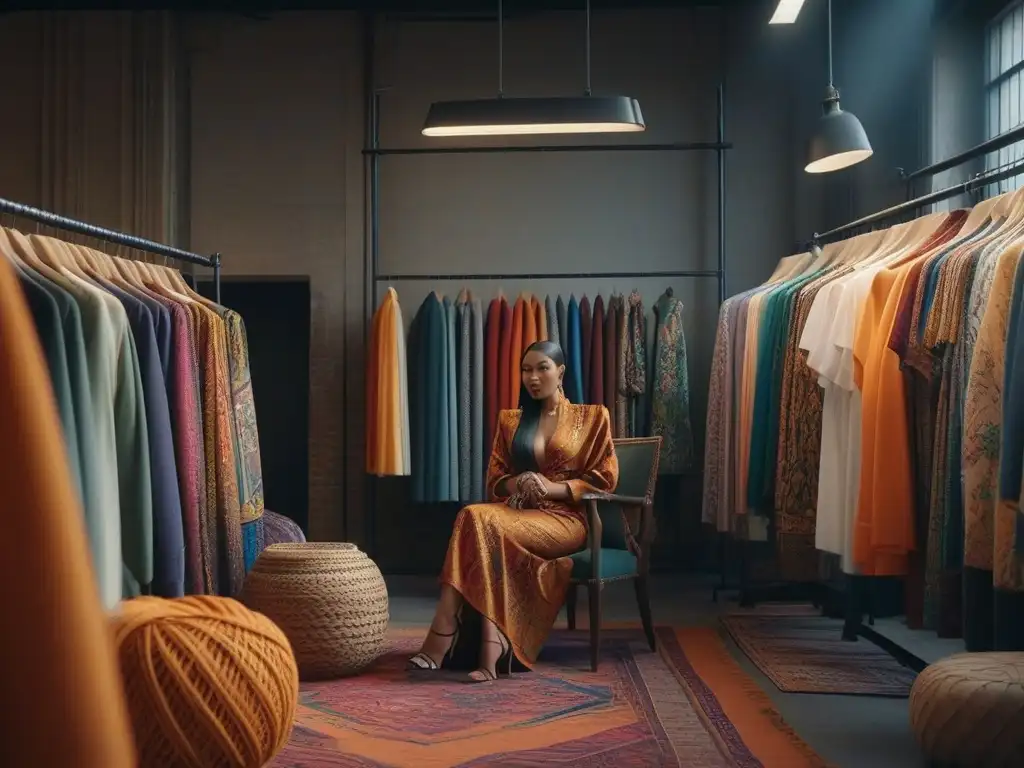Diseñadores de moda sustentable crean juntos en estudio vibrante Un estudio luminoso repleto de diseñadores de moda diversa y comprometida, creando juntos en un ambiente inspirador