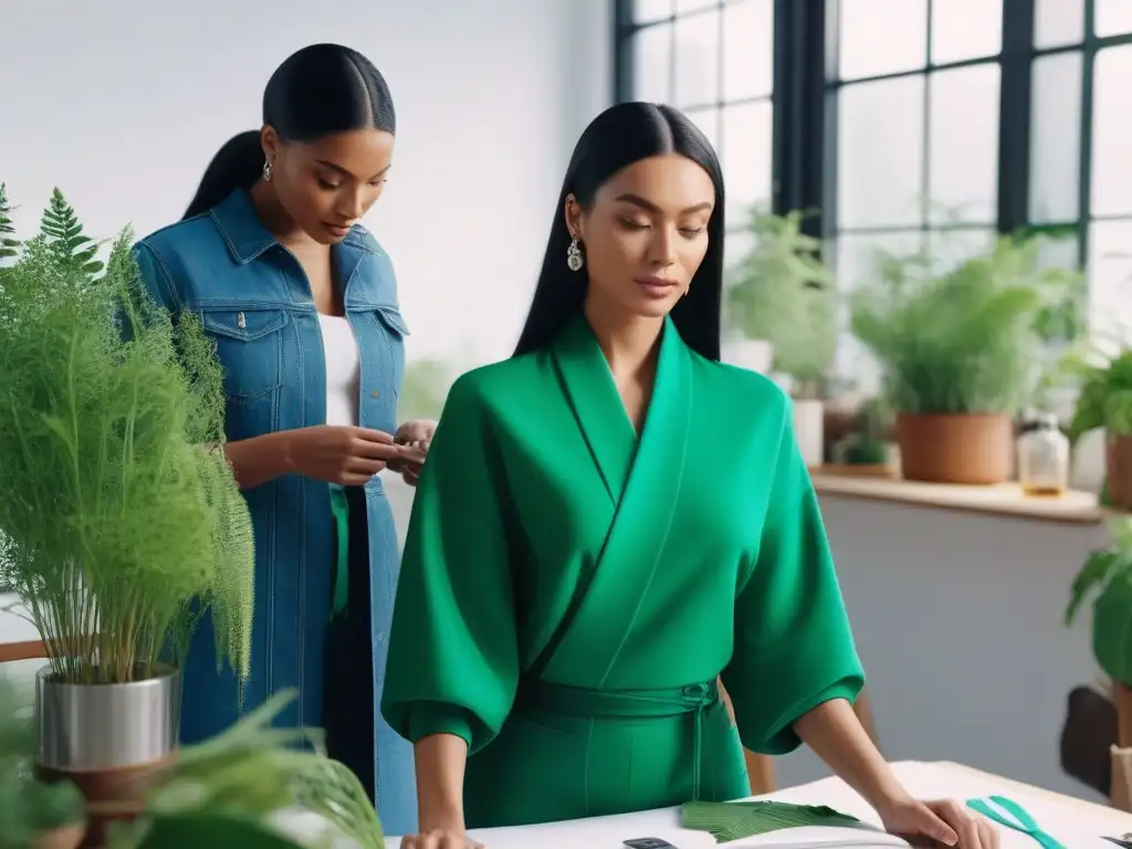 Diseñadores de moda sostenible: creatividad en acción Un estudio luminoso repleto de diseñadores creando moda sostenible, fomentando alternativas sostenibles al fast fashion